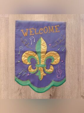 Mardi Gras Welcome Garden Flag Fleur De Lis Purple Gold Green Musical Notes